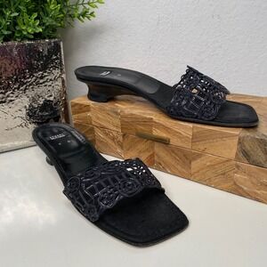 Stuart Weitzman Calligraphy Black Laniard Low Heel Slide Sandals Women's Size 8